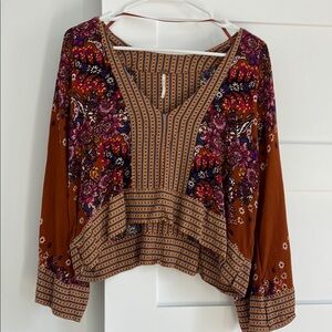 Floral Bohemian V-Neck Top - Brown